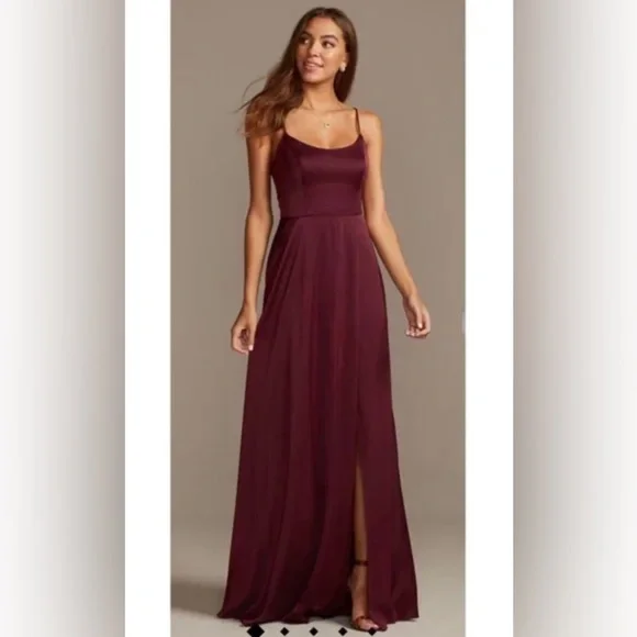 spaghetti strap crepe-back satin bridesmaid dress Taupe Chiffon Floor Length V-Neck Bridesmaid Dresses